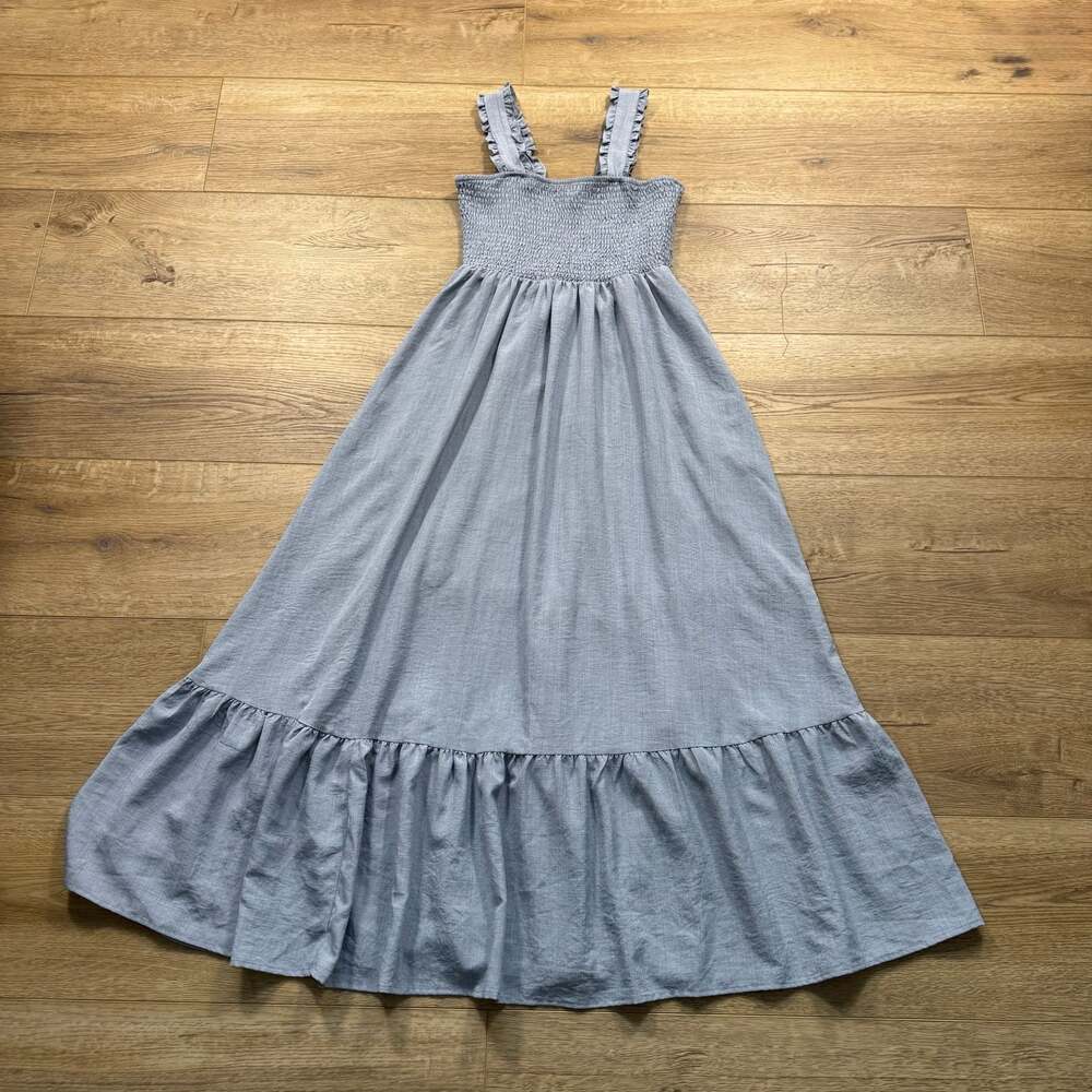 Bohme Light Blue Smocked Maxi Dress Ruffle Straps Cottagecore Size S - Picture 3 of 13